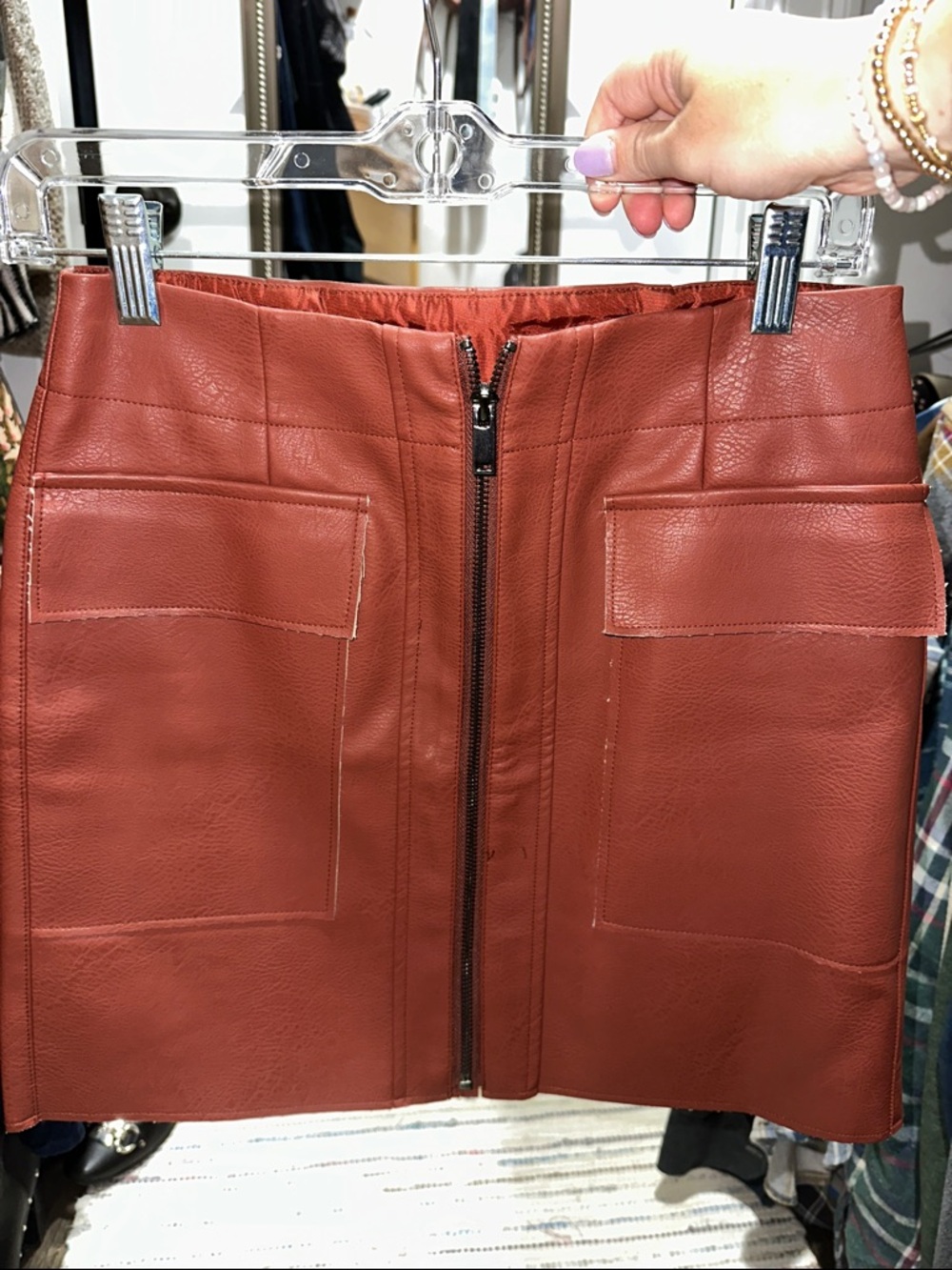 Shinestar Rust Zip-Front Faux Leather Mini Skirt